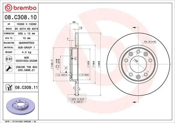 BREMBO 08.C308.11 | Fren Diski Arka Havalı 268 mm (Peugeot 308 II 13-/ 308 Sw II 14 -) | 2 Adet