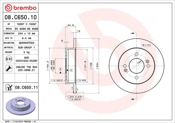 BREMBO 08.C650.11 | Fren Diski Arka UV Coated Hyundai | 2 Adet
