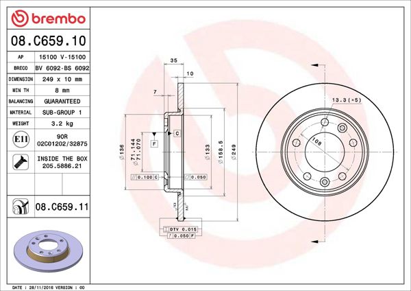 BREMBO 08.C659.11 | Fren Diski Arka (Peugeot 308 II 308 Sw II 13 -) | 2 Adet