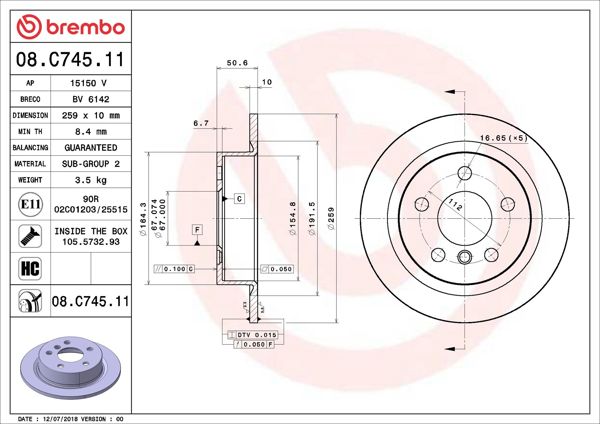 BREMBO 08.C745.11 | Fren Diski Arka UV Coated Mini | 2 Adet