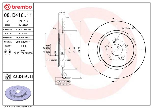 BREMBO 08.D416.11 | Fren Diski Arka UV Coated Toyota | 2 Adet