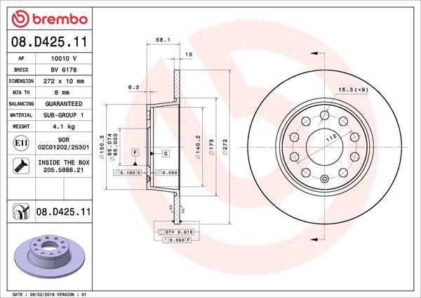 BREMBO 08.D425.11 | Fren Diski Arka (VW T-Roc 18-Audi Q2 17-Seat Leon 17-20 Skoda Octavia 20) | 2 Adet