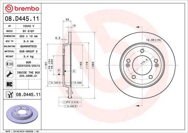 BREMBO 08.D445.11 | Fren Diski Arka UV Coated Hyundai | 2 Adet