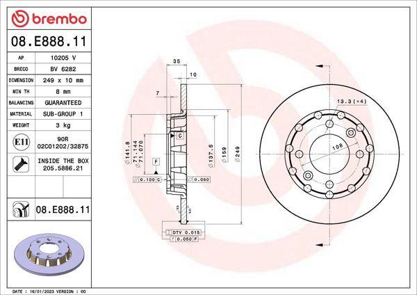 BREMBO 08.E888.11 | Fren Diski Arka Peugeot 208 II P21e 2008 II P24e Citroen C4 III C41corsa F 19 249Cap 10Kalınlık