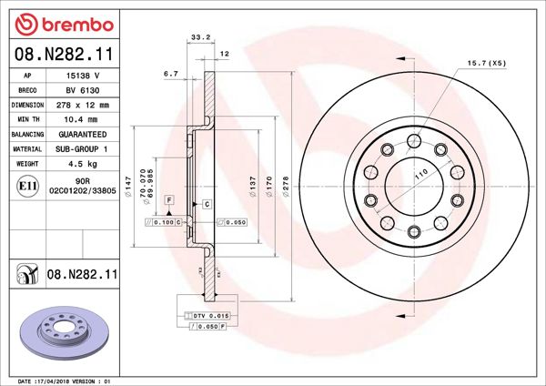 BREMBO 08.N282.11 | Fren Diski Arka UV Coated Chrysler | 2 Adet
