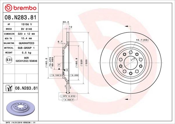 BREMBO 08.N283.81 | Fren Diski Arka Jeep Cherokee