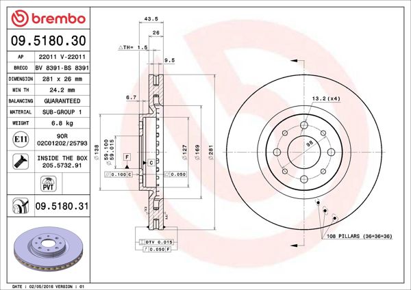 BREMBO 09.5180.31 | Fren Diski Ön UV Coated Alfa Romeo | 2 Adet