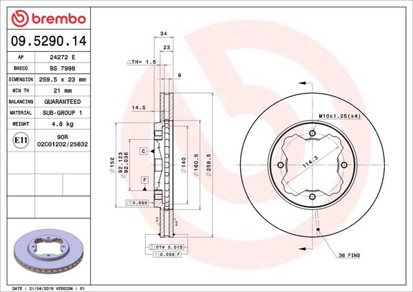 BREMBO 09.5290.14 | Fren Diski Ön Havalı (260-4)-(Honda Accord 90 / 98) | 2 Adet