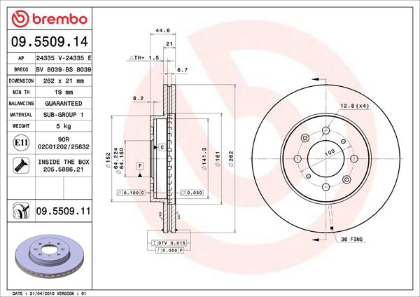 BREMBO 09.5509.14 | Fren Diski Ön Havalı Honda Civic 94-05 1.4 1.6 Vtec Rover 25 262mm | 2 Adet