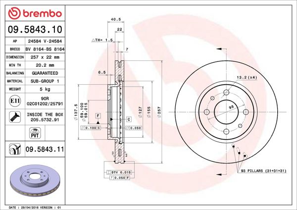 BREMBO 09.5843.10 | Fren Diski Ön Standard Alfa Romeo | 2 Adet