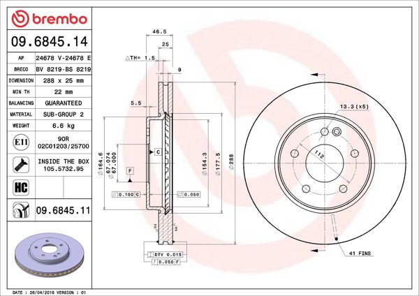 BREMBO 09.6845.11 | Fren Diski Ön Kaplamalı (Mercedes W203-W209-W210 C180-C200 / E200) | 2 Adet