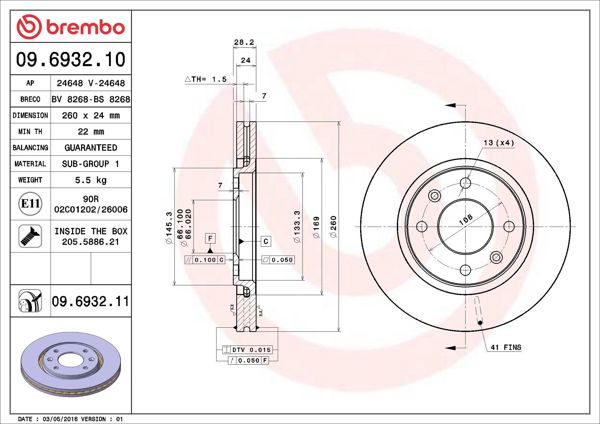 BREMBO 09.6932.11 | Fren Diski Ön UV Coated Peugeot | 2 Adet