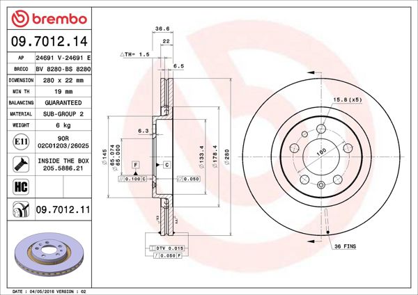 BREMBO 09.7012.11 | Fren Diski Ön UV Coated Audi | 2 Adet