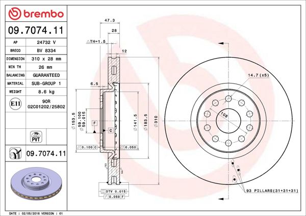 BREMBO 09.7074.11 | Fren Diski Ön UV Coated Alfa Romeo | 2 Adet