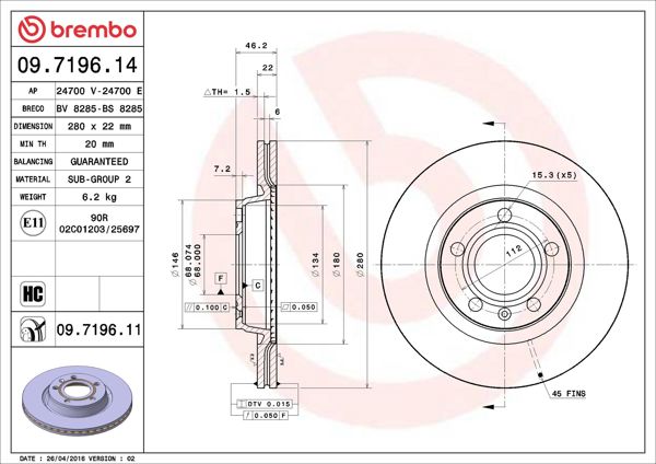 BREMBO 09.7196.14 | Fren Diski Ön-VW Passat 97-00 Audi A4 95-08 Seat Exeo 09-14 | 2 Adet