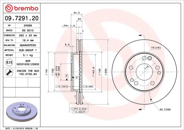 BREMBO 09.7291.20 | Fren Diski Ön Standard Mercedes-Benz | 2 Adet W201 2,3-2,6 Havalı