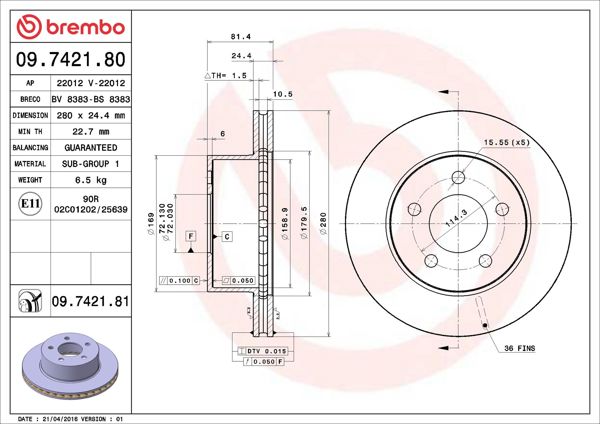 BREMBO 09.7421.80 | Fren Diski Ön Standard Jeep | 2 Adet