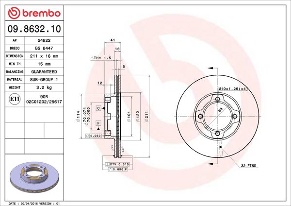 BREMBO 09.8632.10 | Fren Diski Ön Standard Daihatsu | 2 Adet