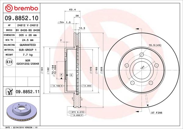 BREMBO 09.8852.11 | Fren Diski Ön UV Coated Jeep | 2 Adet