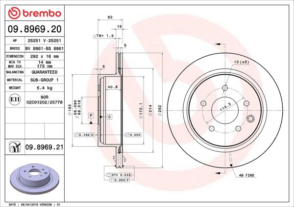 BREMBO 09.8969.20 | Fren Diski Arka Hava Kanallı Koleos Nissan Qashqai 07 / 12 / Xtrail 01 / 07 / Juke 1.6 Dıg-T 14-/)
