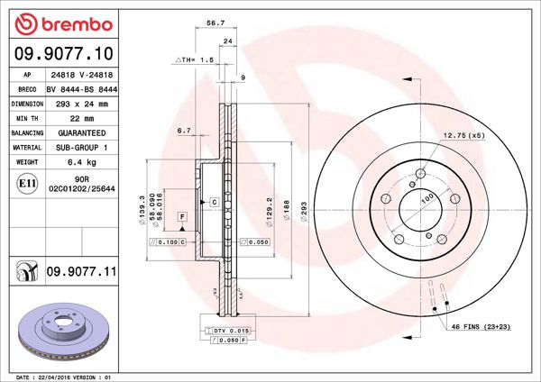 BREMBO 09.9077.11 | Fren Diski Ön Havalı (294-5) UV Coated Subaru Forester/Impreza/Legacy 04-11 | 2 Adet