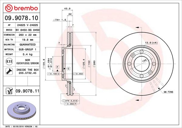 BREMBO 09.9078.11 | Fren Diski Ön Renault Clio III Modus Megane II 1.2-1.5 16V 2 Adet