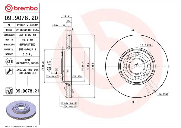 BREMBO 09.9078.21 | Fren Diski Ön Havalı 258 mm (Renault Kangoo 1.5 DCI 08 / 4 Bijon) | 2 Adet