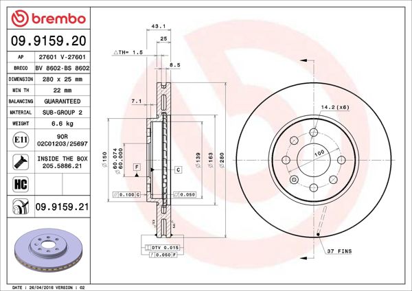 BREMBO 09.9159.20 | Fren Diski Ön Standard Opel | 2 Adet