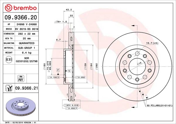 BREMBO 09.9366.21 | Fren Diski Arka UV Coated Alfa Romeo | 2 Adet