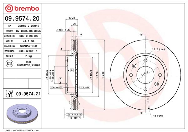 BREMBO 09.9574.21 | Fren Diski Ön Havalı 280-4 Elantra 04/06 Sonata 01/04 Magentis 00/05 | 2 Adet