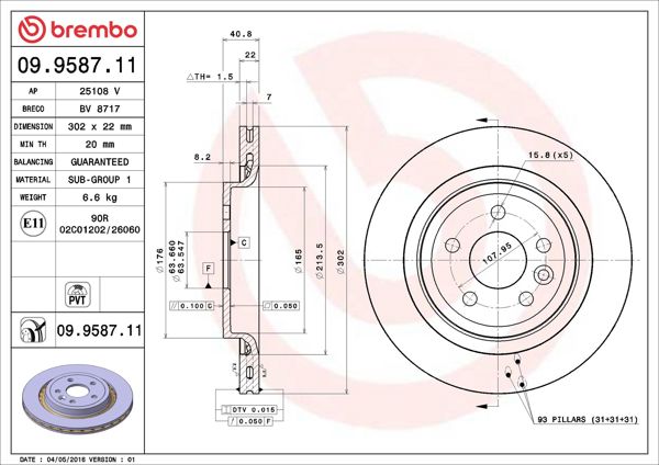 BREMBO 09.9587.11 | Arka Fren Diski Volvo (S60-S80-V60-V70-Xc70) (07 -) (Soğutmalı) UV Coated | 2 Adet