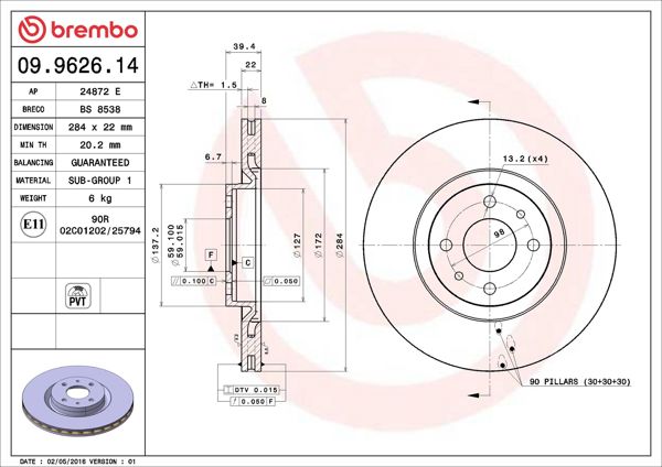 BREMBO 09.9626.14 | Fren Diski Ön Standard Alfa Romeo 145-146-155, Punto 1.9 JTD, Tipo 2.0 | 2 Adet