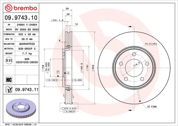 BREMBO 09.9743.11 | Fren Diski Ön UV Coated Chrysler | 2 Adet