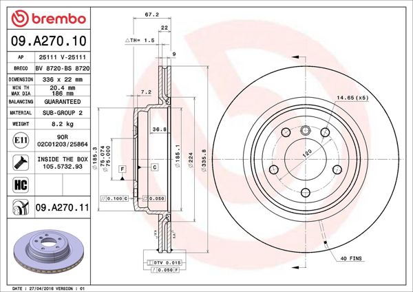 BREMBO 09.A270.11 | Fren Diski Arka UV Coated BMW E90/E92/X1 E84