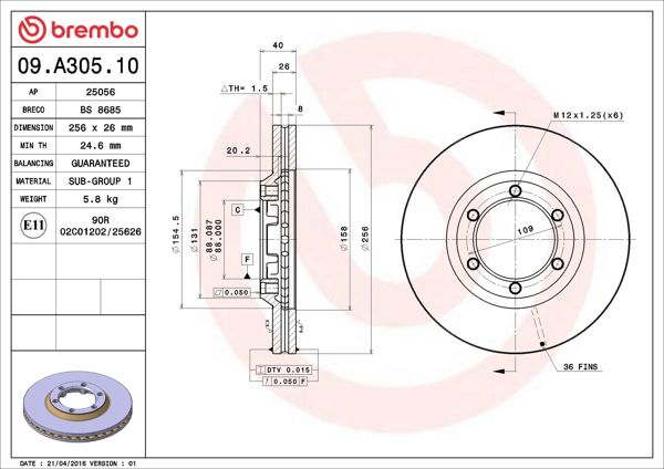 BREMBO 09.A305.10 | Fren Diski Ön Havalı Isuzu Dmax 2Wd 02-/ 256×6 | 2 Adet