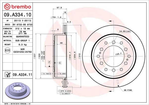 BREMBO 09.A334.11 | Fren Diski Arka Havalı-(312-6)-(Toyota Landcrusıer 93 / 10)