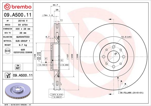 BREMBO 09.A500.11 | Fren Diski Ön UV Coated Lancıa | 2 Adet