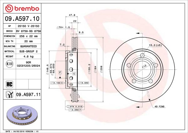 BREMBO 09.A597.11 | Fren Diski Arka UV Coated Audi | 2 Adet