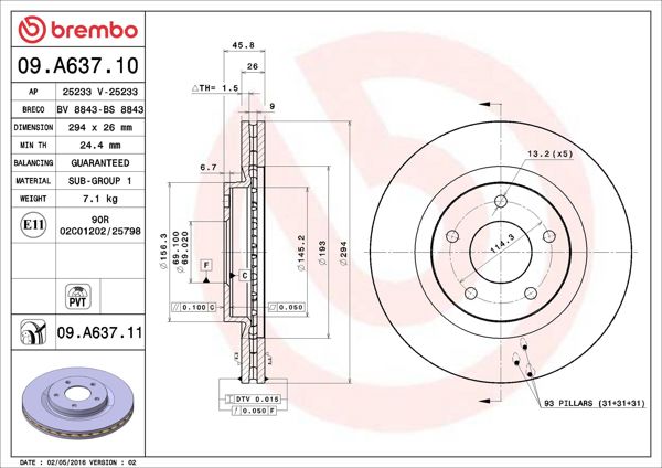 BREMBO 09.A637.10 | Fren Diski Ön Havalı (294-5)-(Mitsubishi Asx 2010 / Chrysler Sebrıng 07 / 10 | 2 Adet