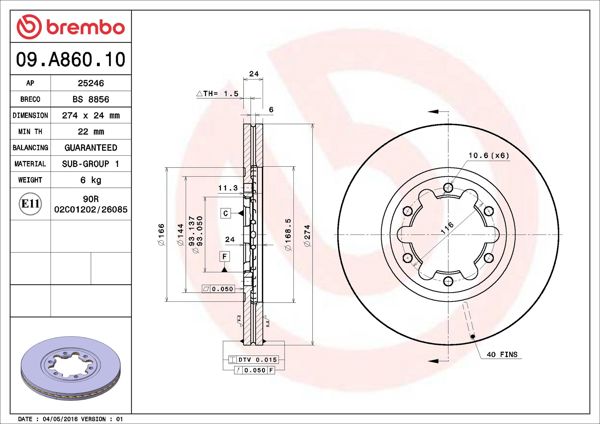 BREMBO 09.A860.10 | Fren Diski Ön Standard Ford | 2 Adet
