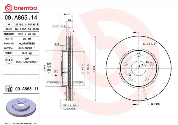 BREMBO 09.A865.11 | Fren Diski Ön Havalı (273-5) (Toyota Corolla 07 / 12 / Auris 07 / 12 1.4 D4d Dzl-UV Coated | 2 Adet
