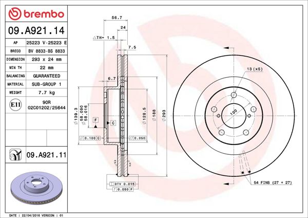 BREMBO 09.A921.11 | Fren Diski Ön Havalı (294-5) Subaru Forester, Impreza, Legacy, Outback 03-11