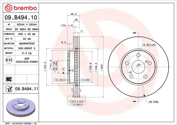 BREMBO 09.B494.10 | Fren Diski Ön Standard Toyota | 2 Adet