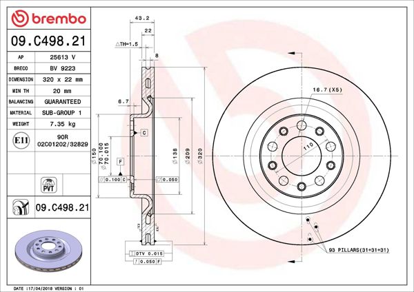 BREMBO 09.C498.21 | Fren Diski Arka UV Coated Alfa Romeo Giulia/Stelvio 2.0/2.2 15> | 2 Adet