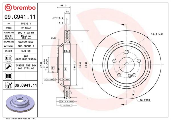 BREMBO 09.C941.11 | Fren Diski Arka Mercedes S-Class W221 S300/SL-Class R230 05-13 | 2 Adet