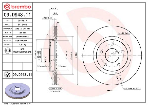 BREMBO 09.D943.11 | Fren Diski Ön UV Coated Renault | 2 Adet
