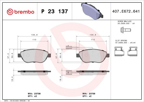 BREMBO P23137 | Fren Balatası Ön (Fiat Doblo 05-Ym Linea 1.4 Opel Corsa D 1.3 CDTI 90 Bg 07 06 -) Çift Fiş