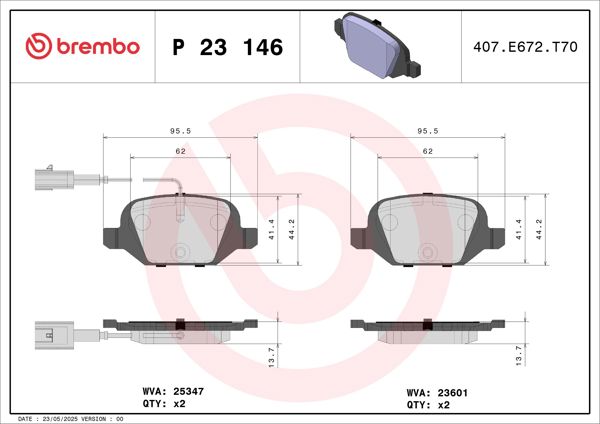 BREMBO P23146 | Fren Balatası Arka Fiat Panda 1.3 JTD 05-09