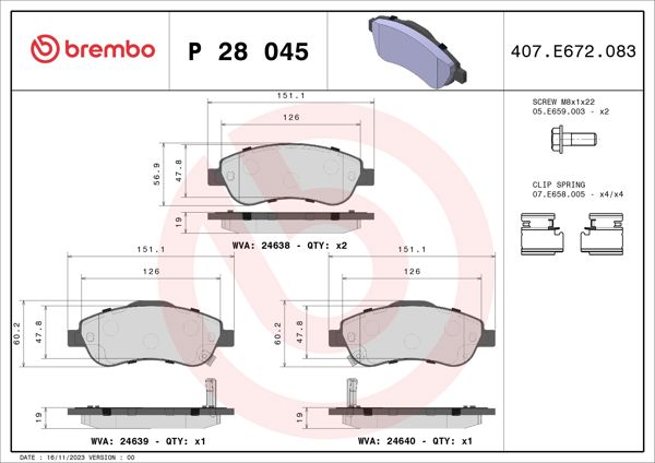 BREMBO P28045 | Fren Balatası Ön-(Honda CRV III 2007 / Honda CRV IV 2007 / 2012 / Honda CRV V 2015 /)