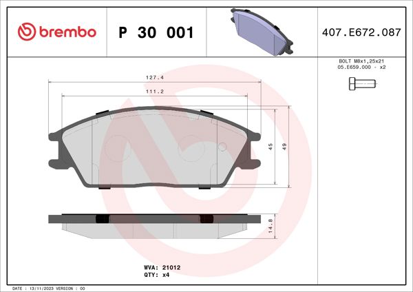 BREMBO P30001 | Balata Fren Ön-(Hyundai Accent 95 / 06 / Getz 00 / /)